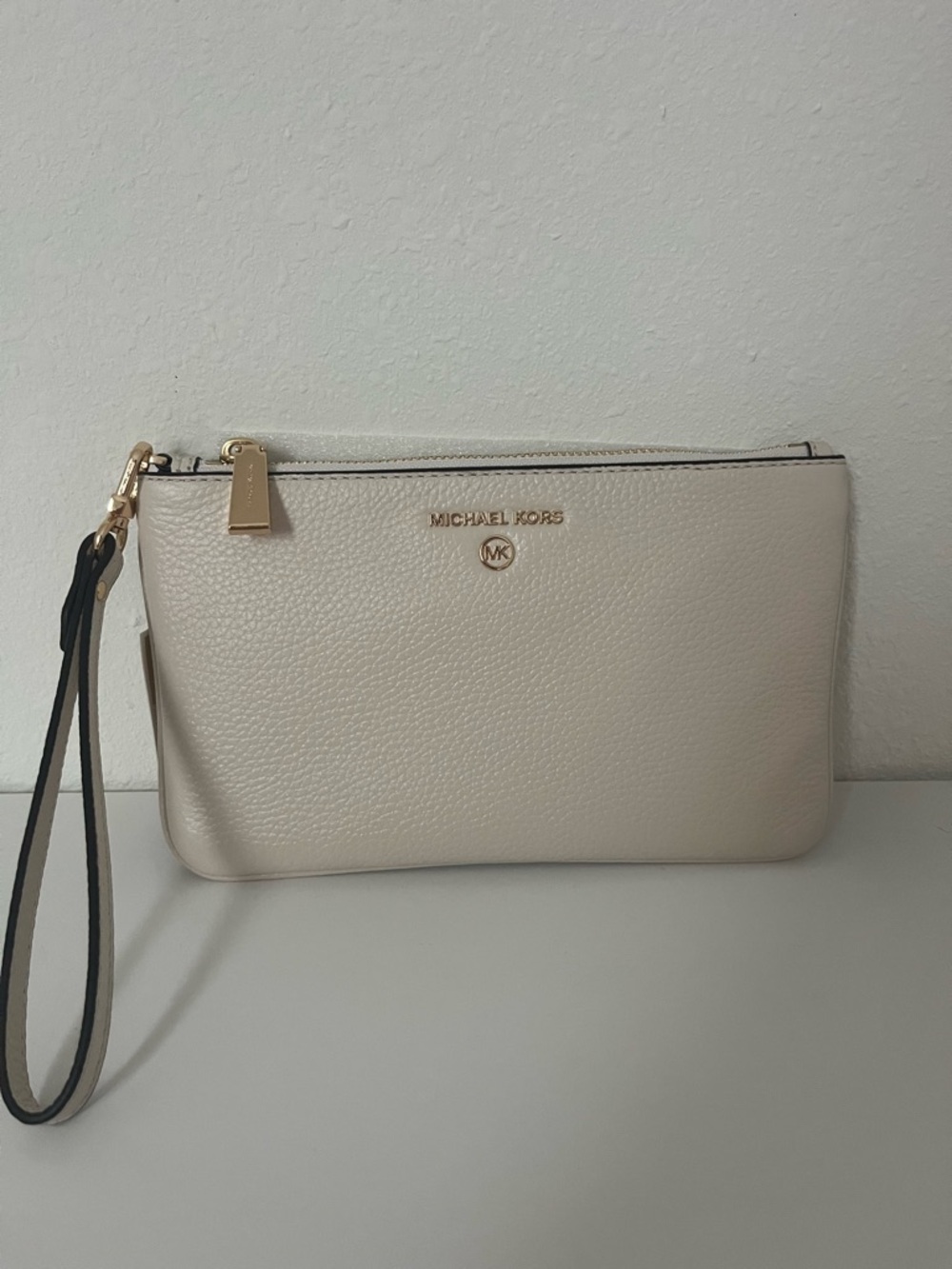 Michael Kors Cream Pebbled Leather Wristlet Clutch with Gold Hardware